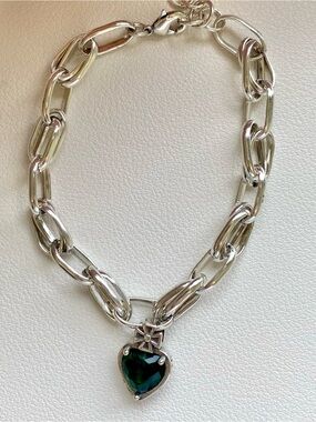 Silver Chain Necklace with Emerald Heart Pendant